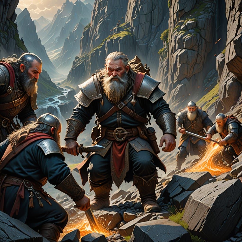 Dwarves Extracting Mithril in Hyperrealistic Mid Shot