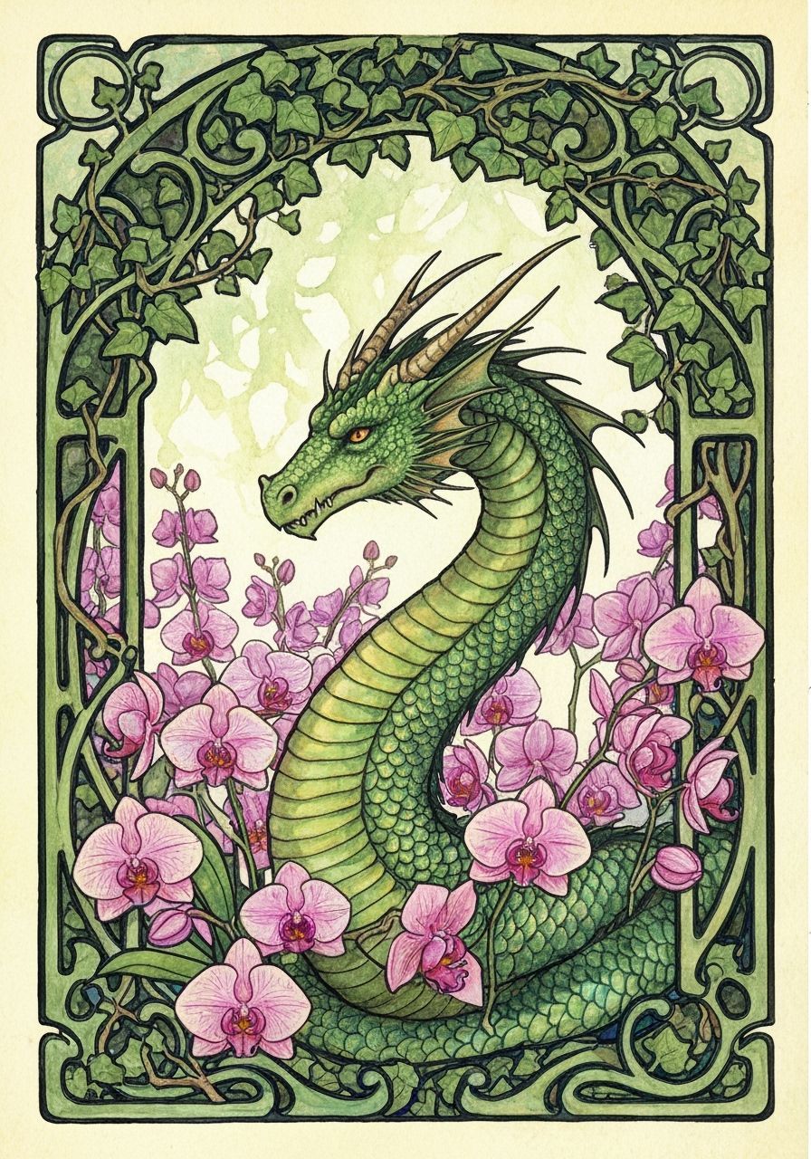 Majestic Dragon in Art Nouveau Orchid Garden