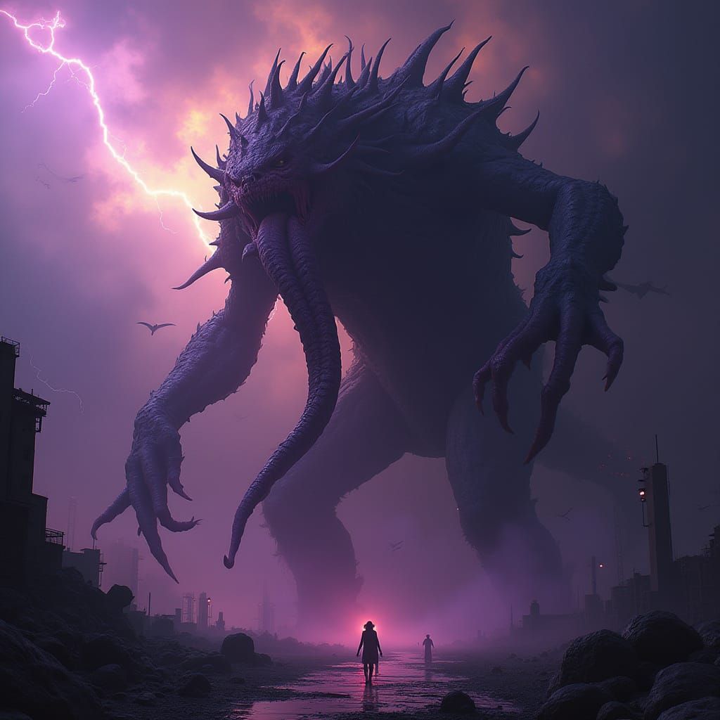 Hyper-Realistic Kaiju in Dark Fantasy Backdrop