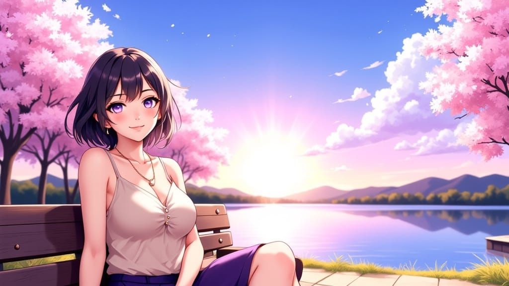 Joyful Anime Woman Laughing by Lake at Dawn