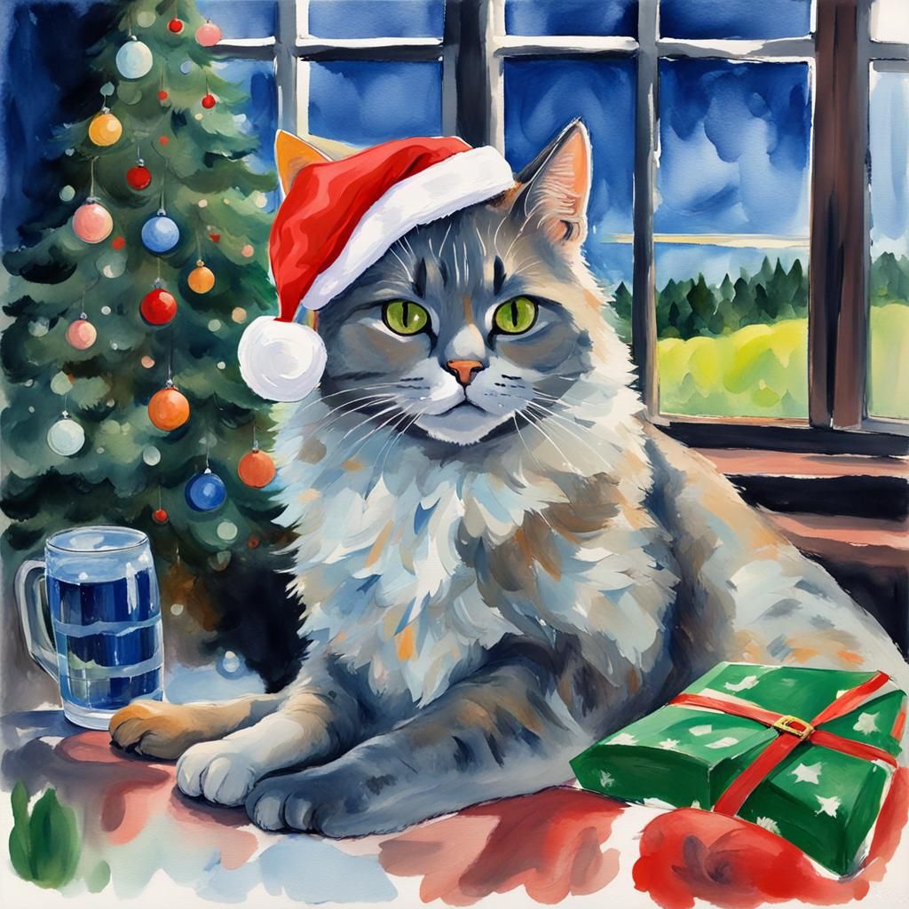 Christmas Cat in Gouache Style on Meadow
