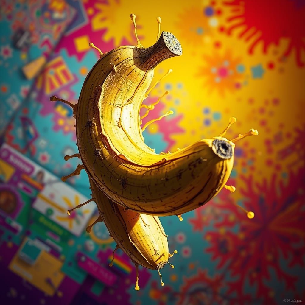 Hyperrealistic Banana in Vibrant, Colorful Splash Art