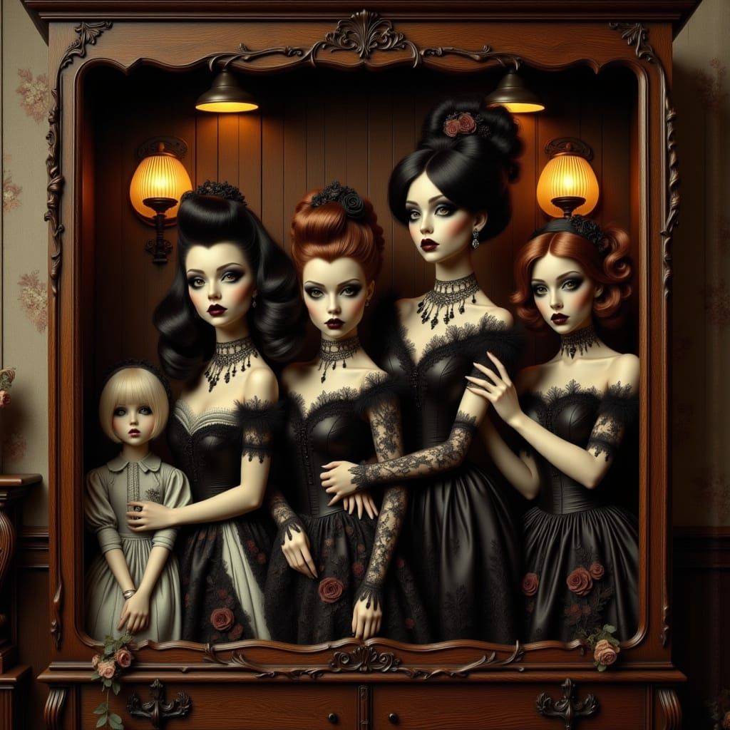 Victorian Dolls in Cabinet: Surreal Theatrical Display