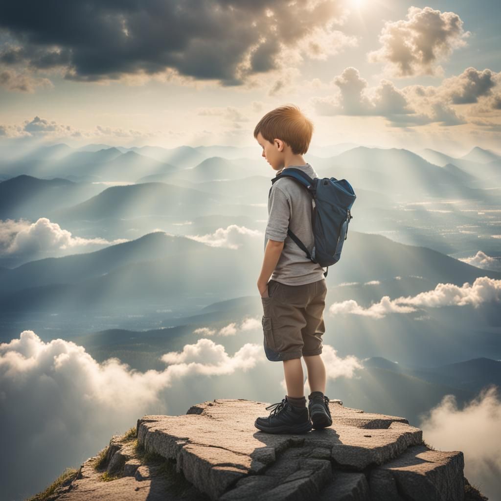 Sad Boy on Flying Mountain in Divine Light