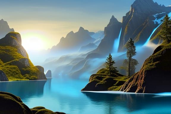 A beautiful highly detailed waterfalls on lake edge, moonlight over the water, glow, realistic ethereal fantasy, hyperde...