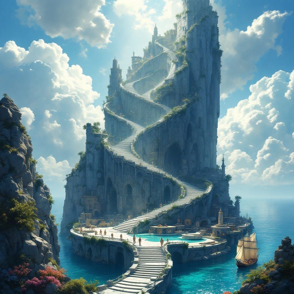 Majestic Stone Staircase to Heaven in Fantasy Art Style