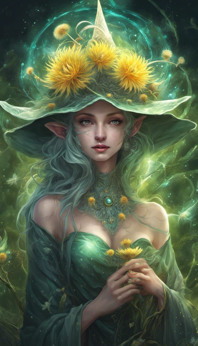 Nymph-Elf Witch with Bioluminescent Fractal Arbor