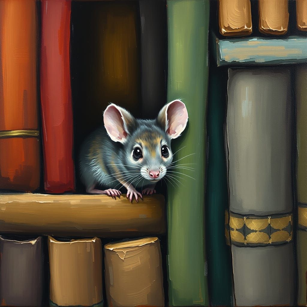 Shy mouse hiding on a bookshelf