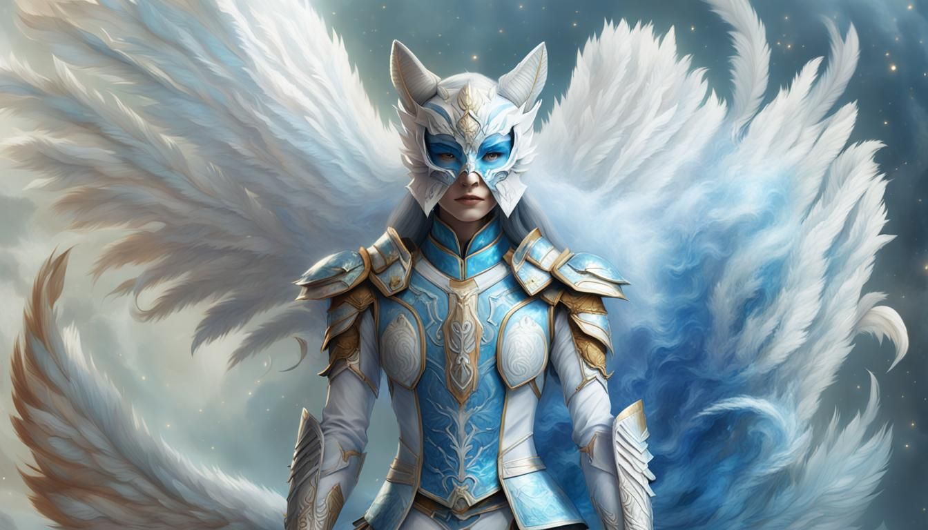 Winged Kitsune in Divine Armor: Art Nouveau Style