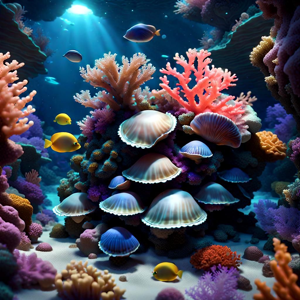 Glowing Coral Reef with Pearl in Dark Fantasy