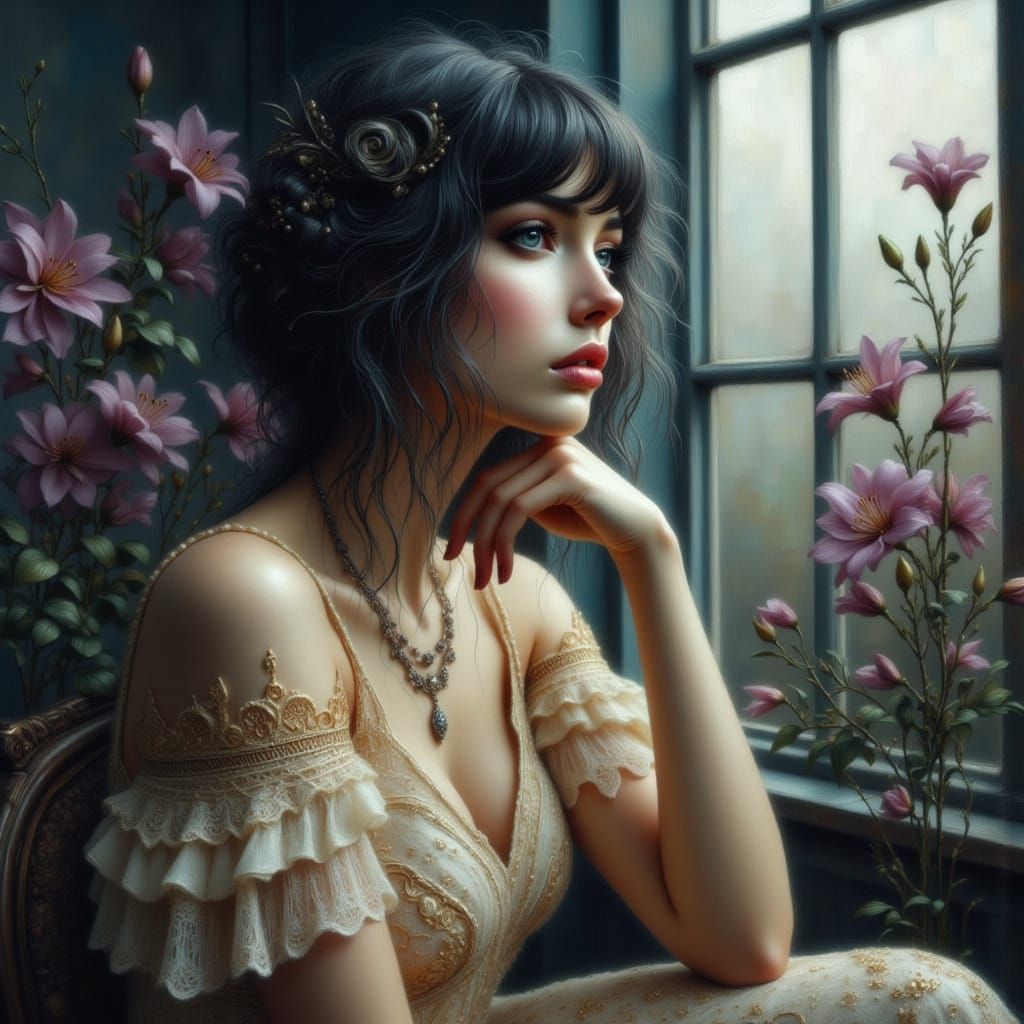 Victorian Woman Overlooking Lilies in Moody Lighting