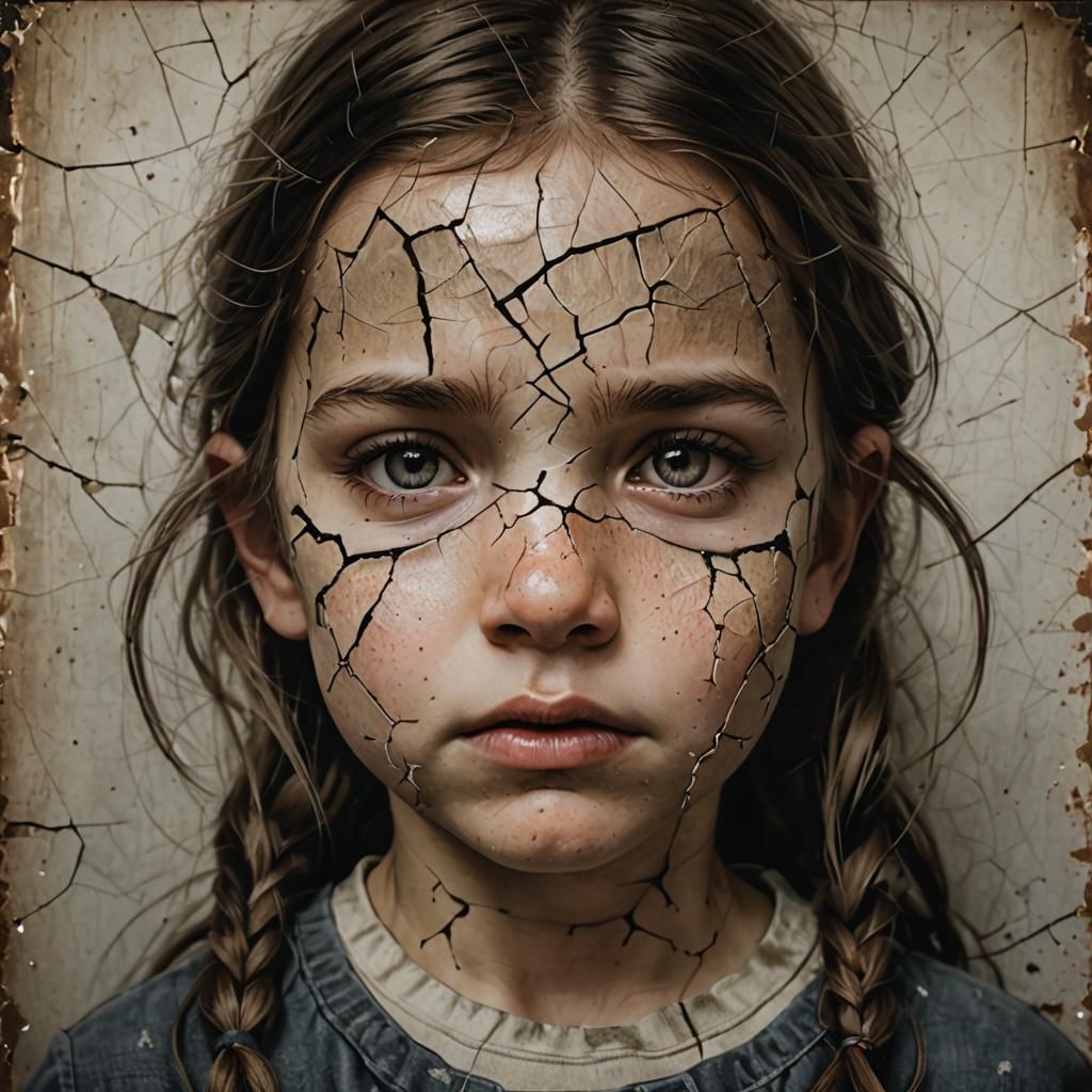 Cracked Face Little Girl: Mixed Media Art