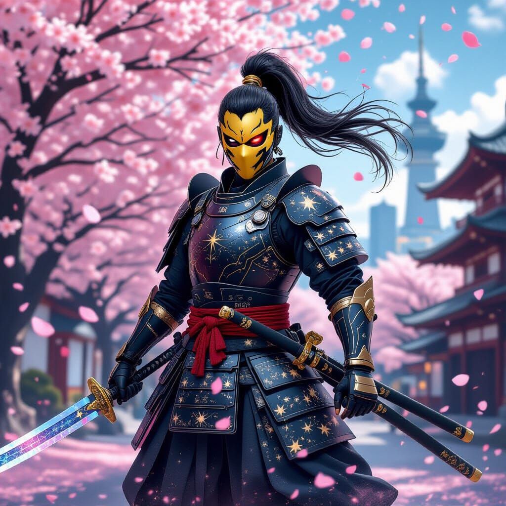 Cosmic Samurai with Celestial Swords in Fractured Tokyo