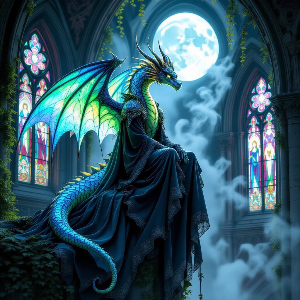 Bioluminescent Dragon on Gothic Cathedral in Dark Fantasy St...