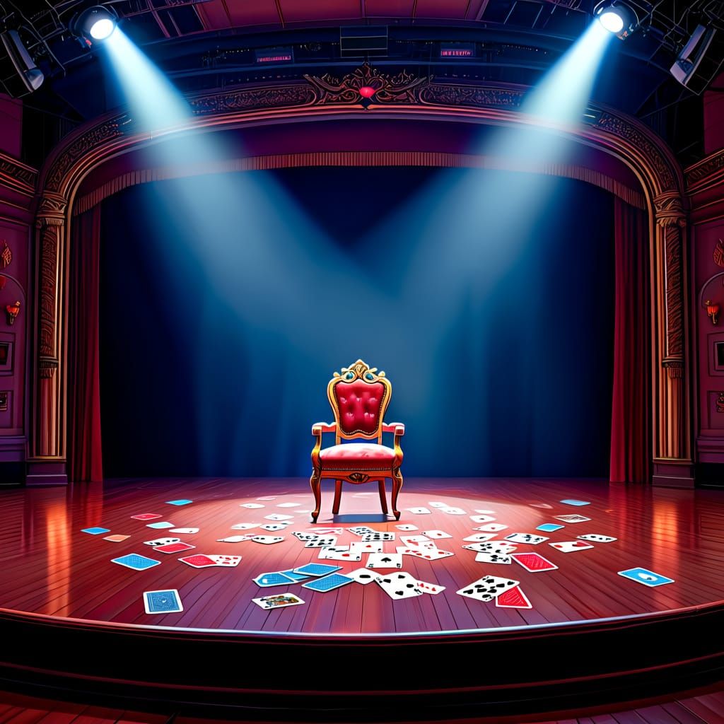 Grand Theater Stage with Ornate Chair and Scattered Cards