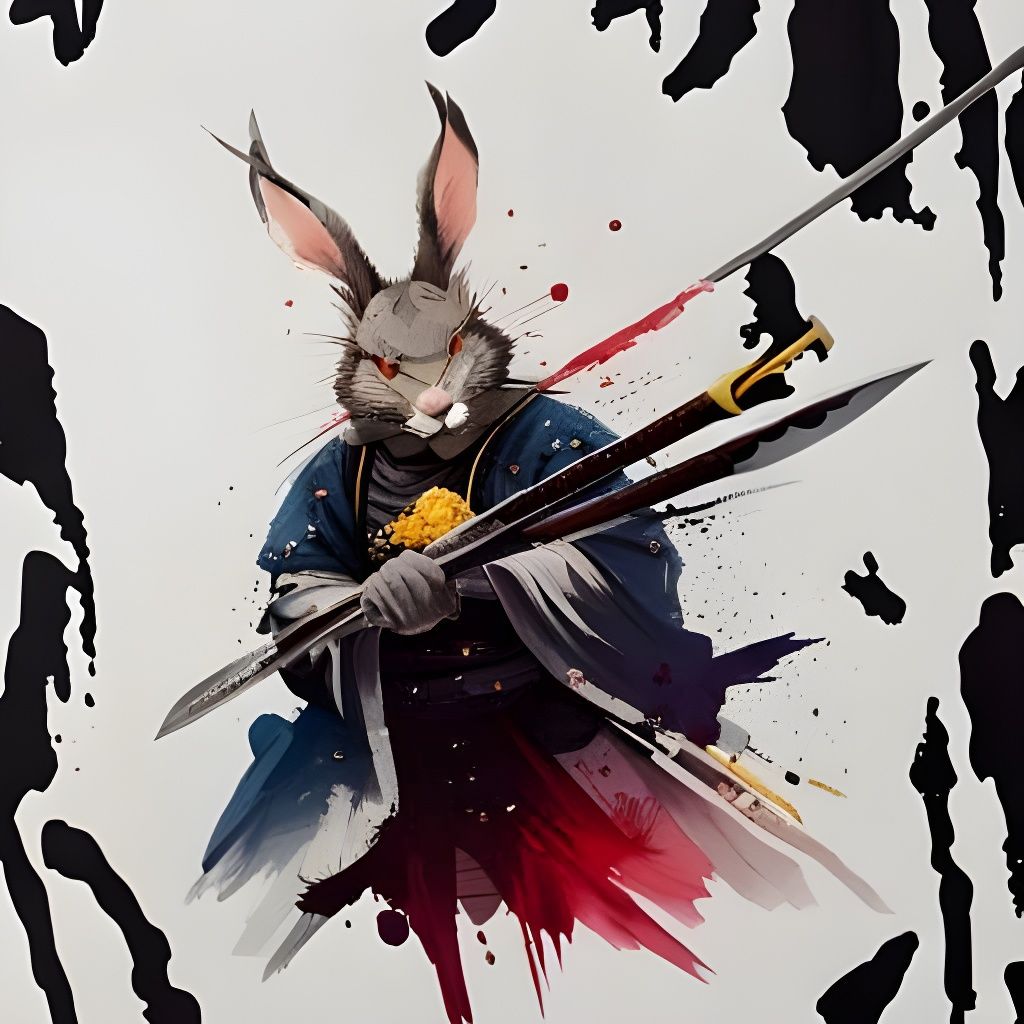 Rabbit Samurai Usagi Yojimbo with Katana, Gouache Painting