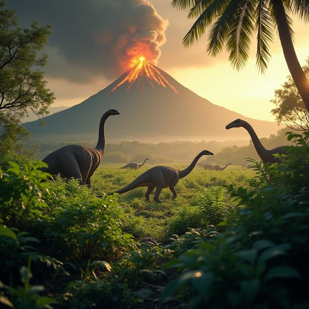 Epic Jurassic Landscape with Grazing Dinosaurs and Erupting ...