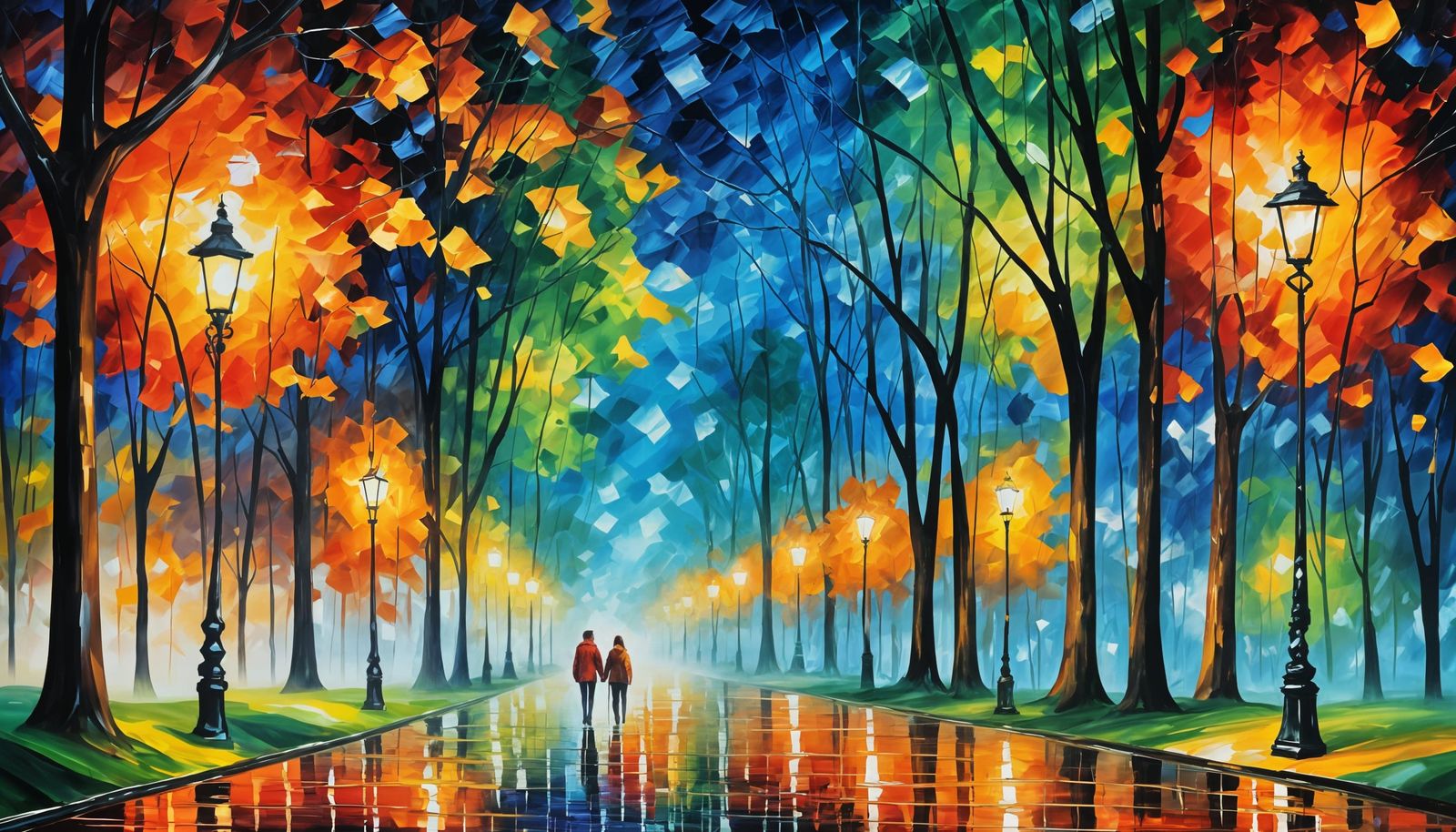 Vibrant Nighttime Park Scene in Impressionistic Style