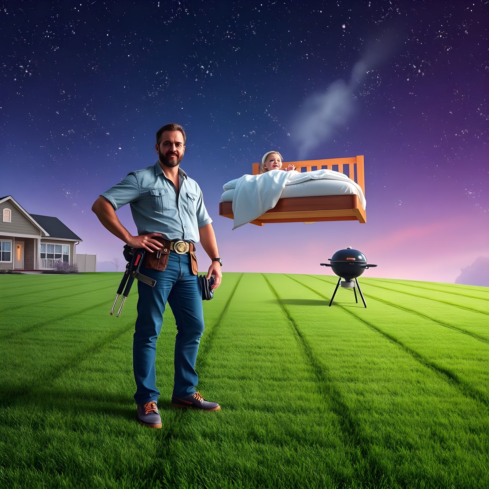 Cyberpunk Dad BBQing in a Dreamlike Landscape