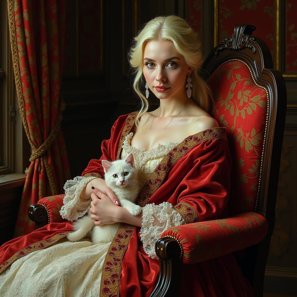 Regal Queen with Kitten in Old Masters Style