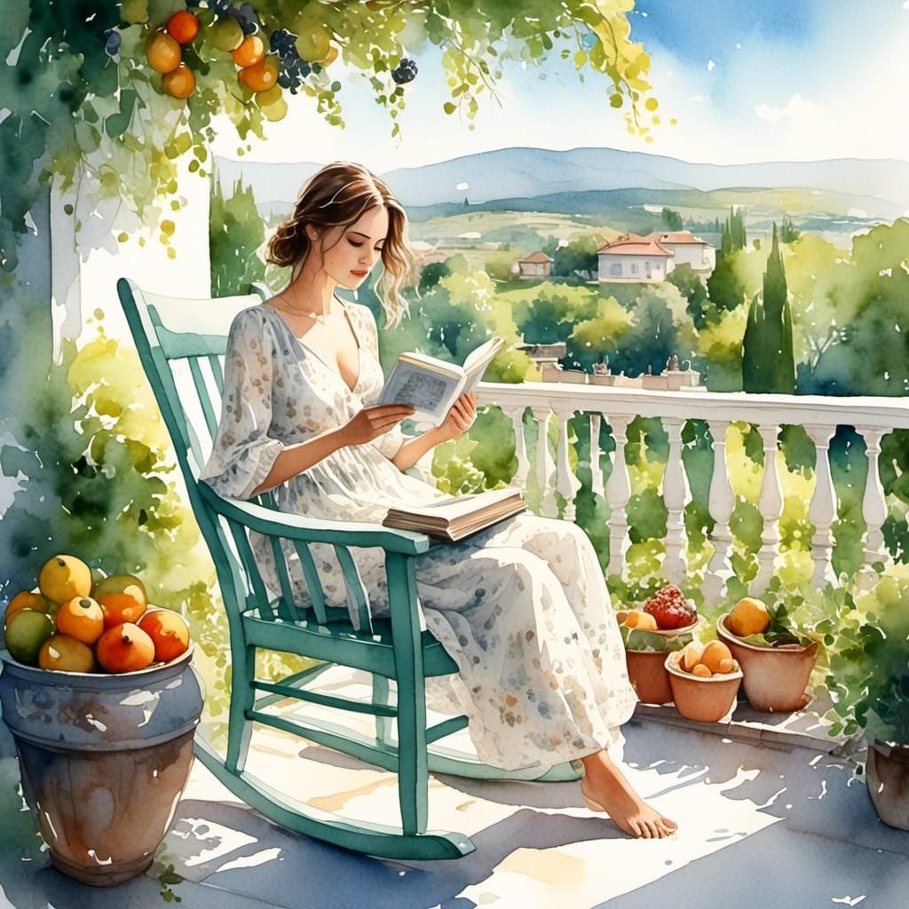 Woman Reading on Terrace in Watercolor Style