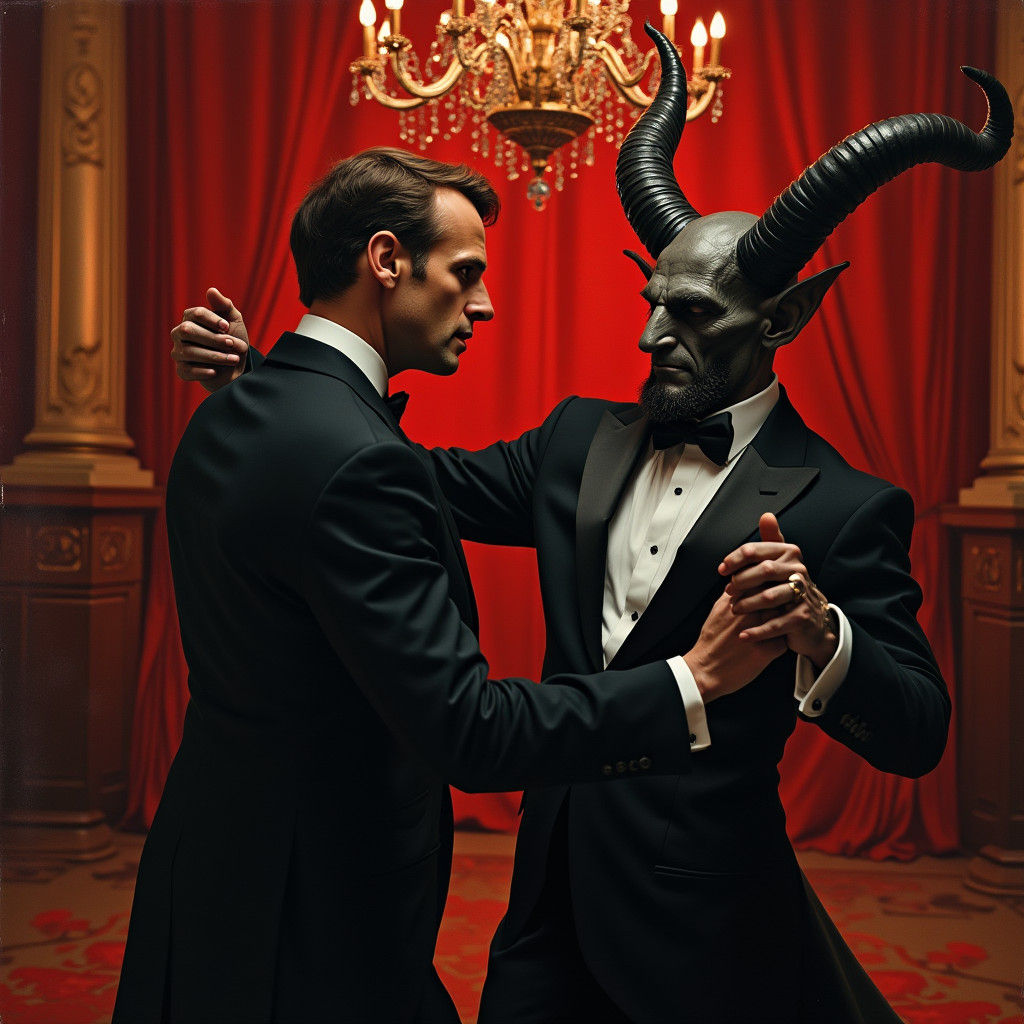 Macron and Satan Tango in Lavish Ballroom