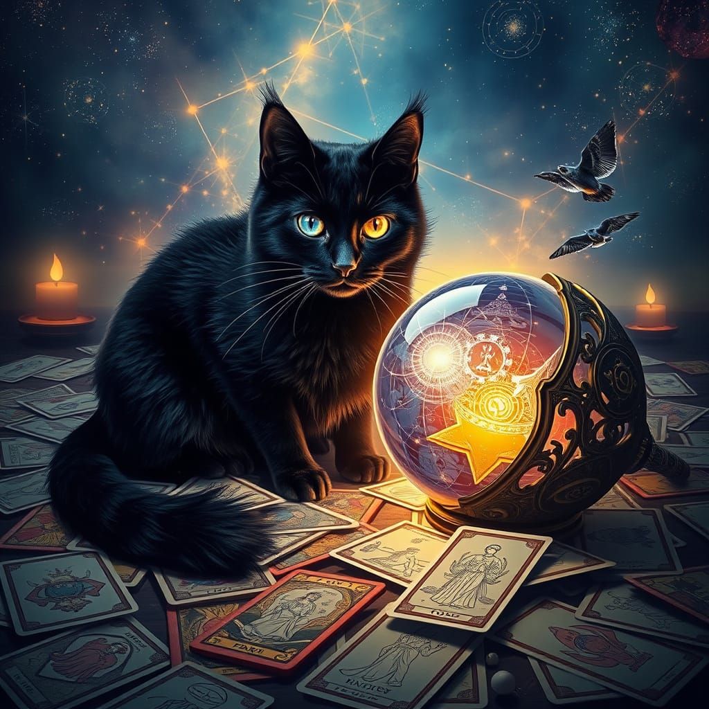 Black Cat with Tarot Cards in Dreamlike Scene