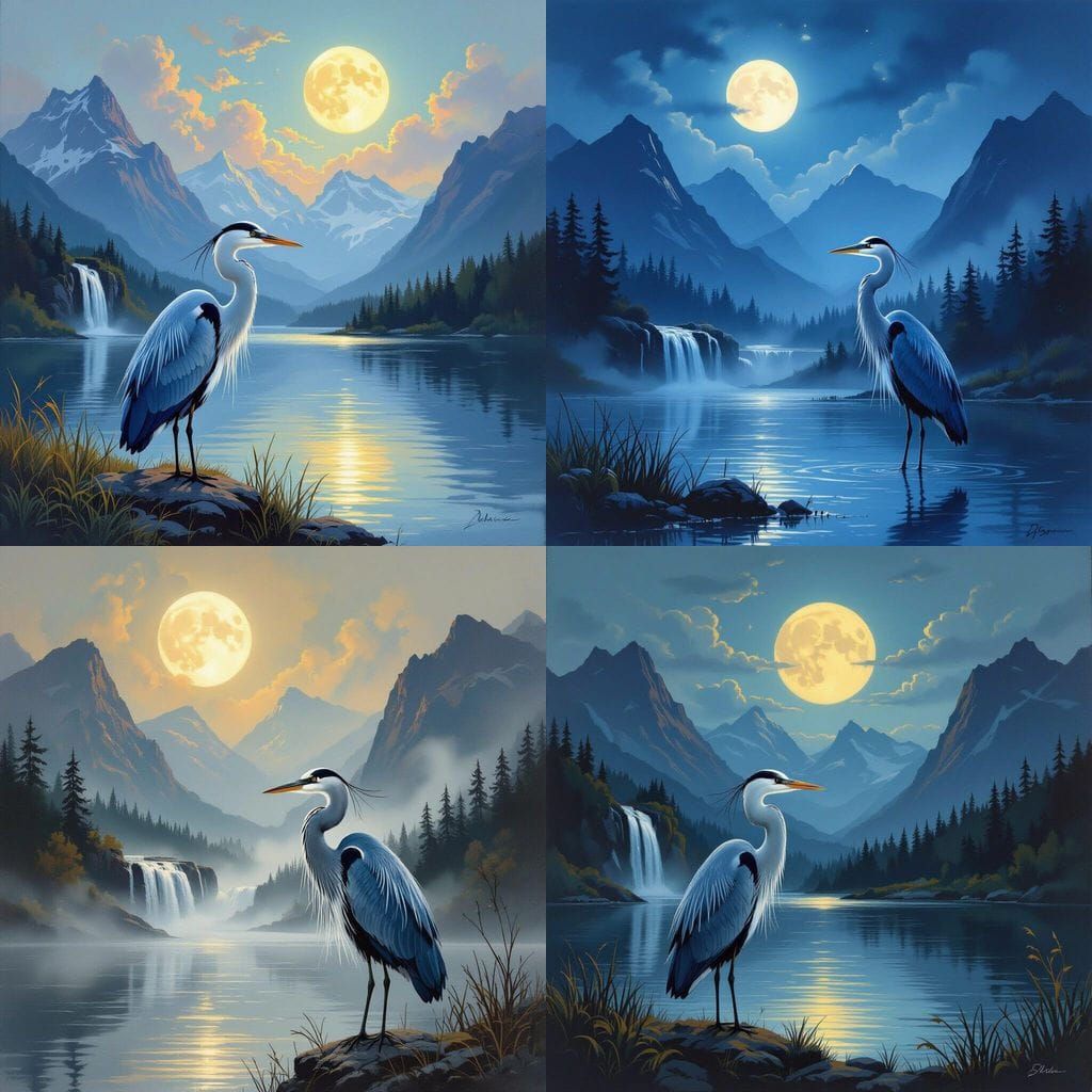 Blue Heron by Lake Waterfall & Mountains Under Full Moon