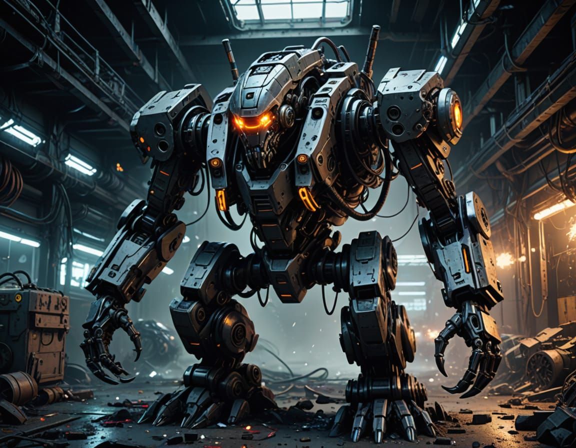 Cyberpunk Combat Mech in a War-Torn Garage