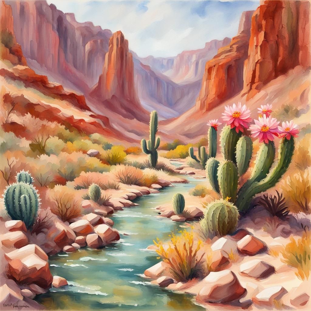 Desert Canyon Creek: Gouache Impressionist Masterpiece