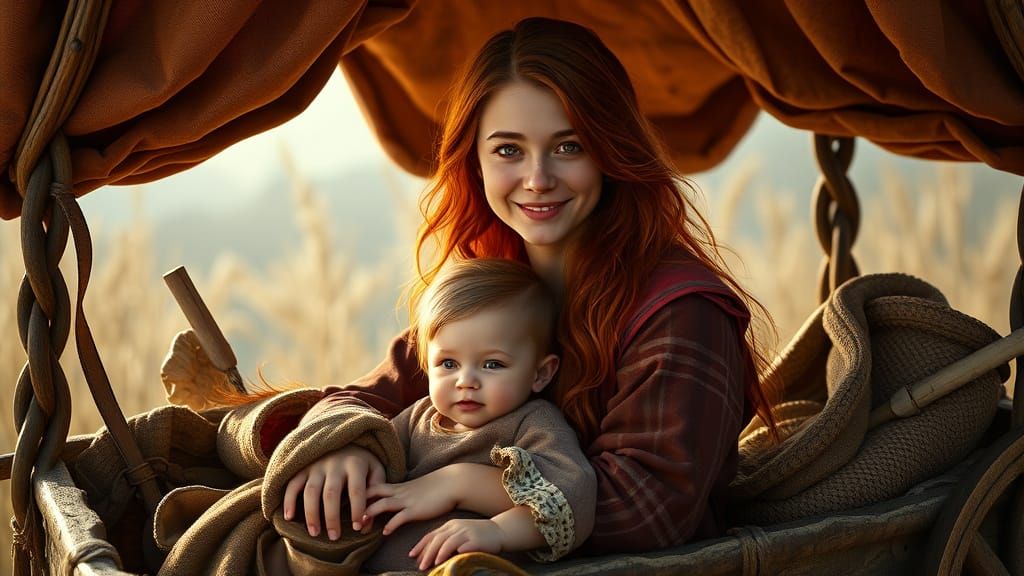 Medieval Maiden and Child in Wagon Scene