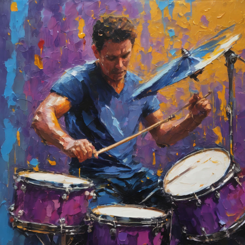 Passionate Drummer in Rain: Expressive Impasto Oil Painting