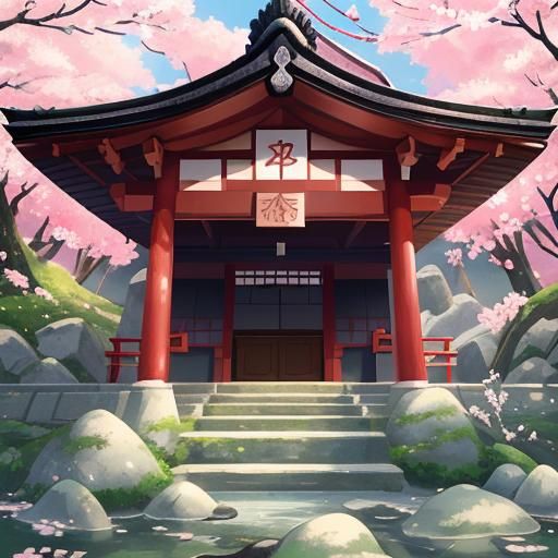 um templo japones em um monte envolto por arvores de cerejei...