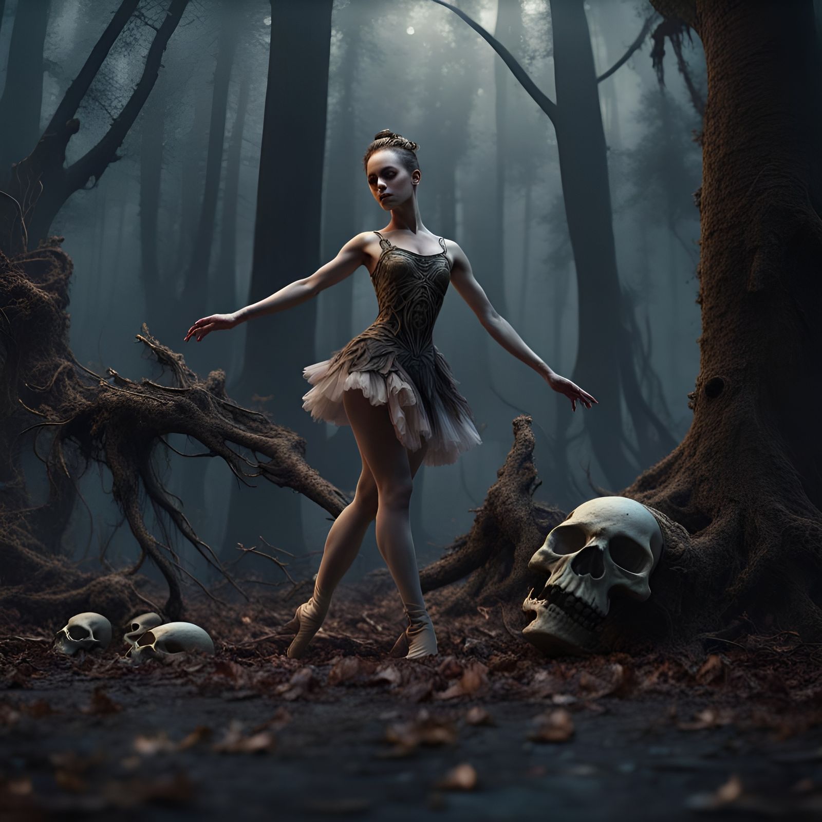 Dark Ballerina in Skull Forest, Detailed Matte Painting