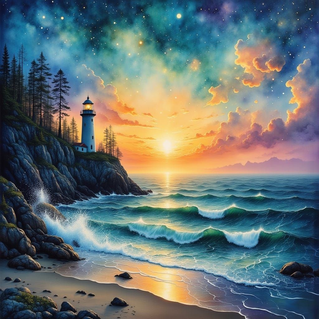 Serene Beach Sunset with Lighthouse in Ethereal Mist