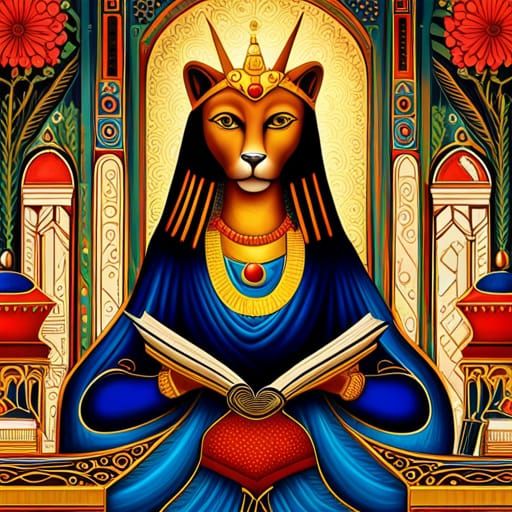 Sekhmet Reading in the Great Library: Detailed Matte Paintin...