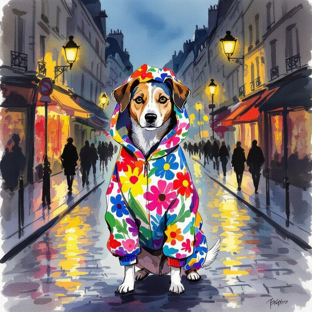 Psychedelic Dog in Parisian Street at Twilight