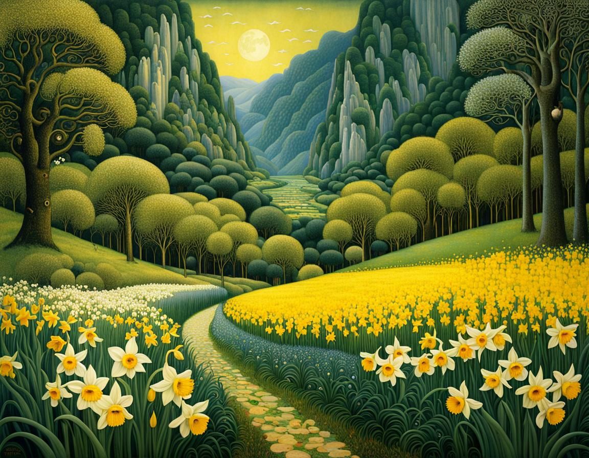 Enchanted Daffodil Valley in Art Nouveau Style
