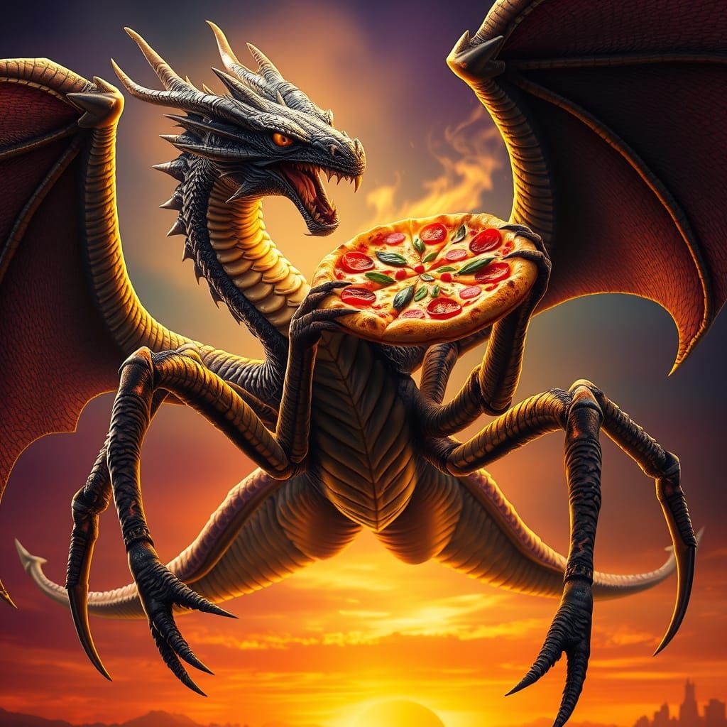 Majestic Dragon with Pizza, in Cyberpunk Style