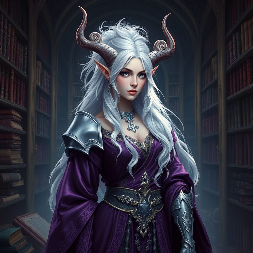 High-Elf Priestess in Mystical Library: Fantasy Concept Art