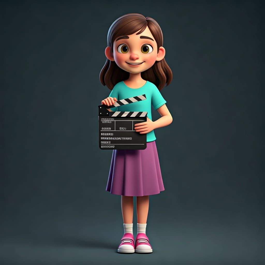 Smiling 3D Girl with Clapperboard in Pixar Style