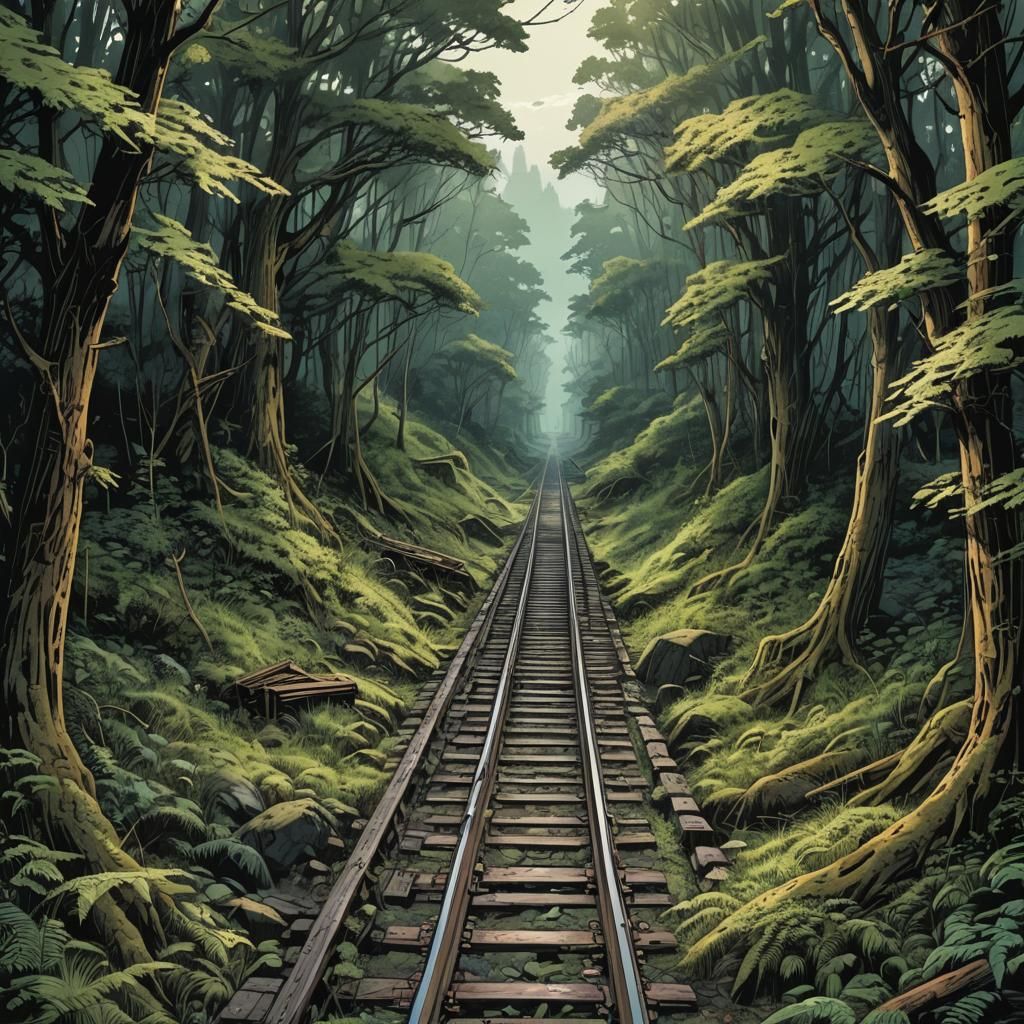 Forest Enshrouds Abandoned Railway: Comic Book Art