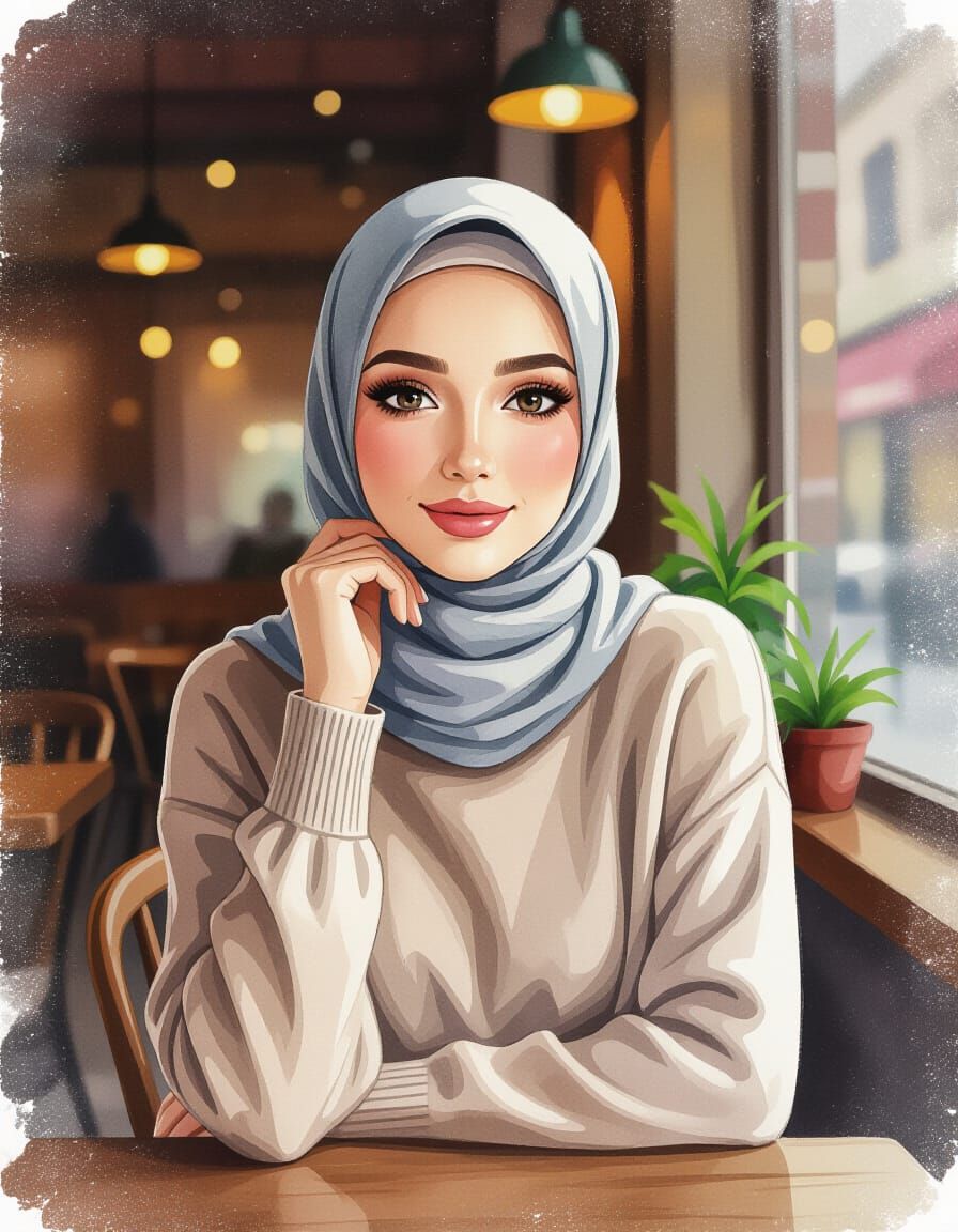 Beautiful Woman in Hijab at Cozy Cafe, Watercolor Style