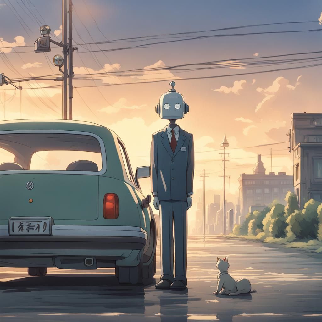 Scared Robot Butler in Studio Ghibli Anime Style