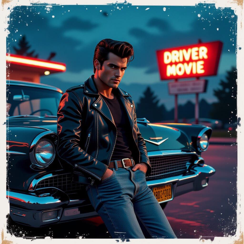 Charismatic Greaser at Drive-In Movie Theater in Pop Art Sty...