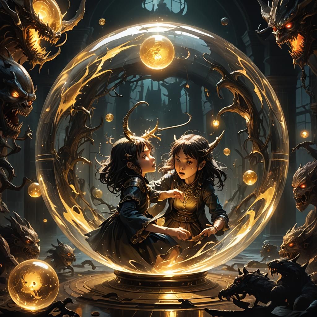 Girl Trapped in Orb Surrounded by Monsters