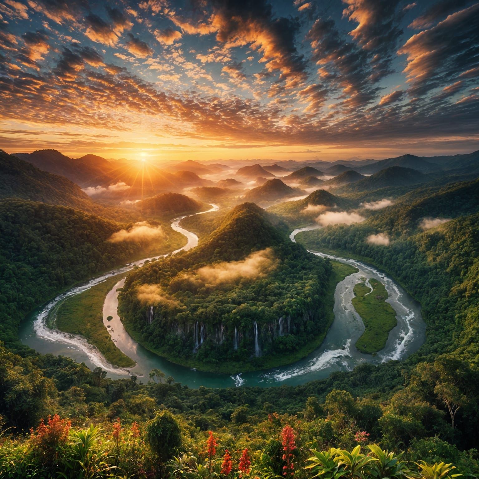 Rainforest Sunrise with Waterfall and Bokeh Effect