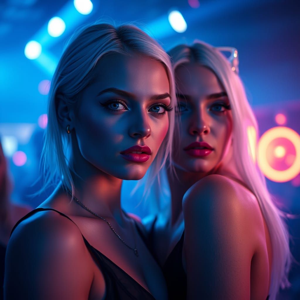 Sisters in Blue Nightclub Glamour, Shot in Cinematic Style