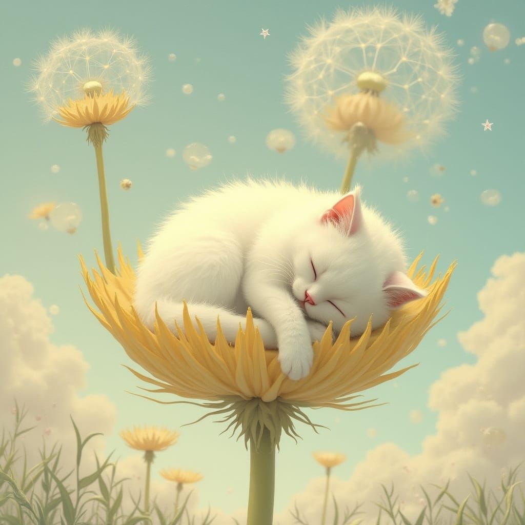 Fluffy Cat Sleeps on Giant Dandelion Seed in Dreamy Sky