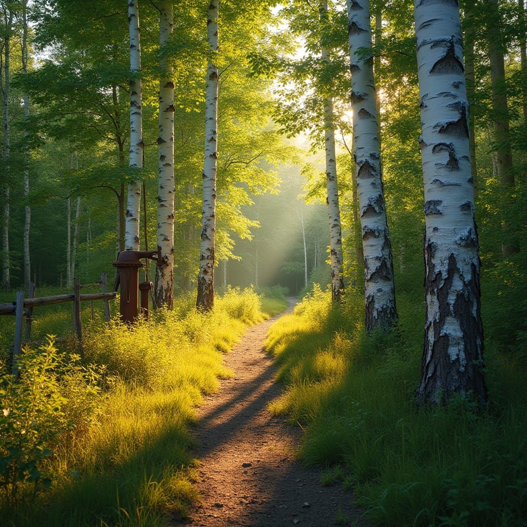 Sunlit Birchwood Forest in Late Summer
